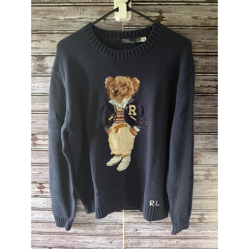 Polo Ralph Lauren Men's Navy Wool Cashmere Polo Bear Crewneck Sweater Size M